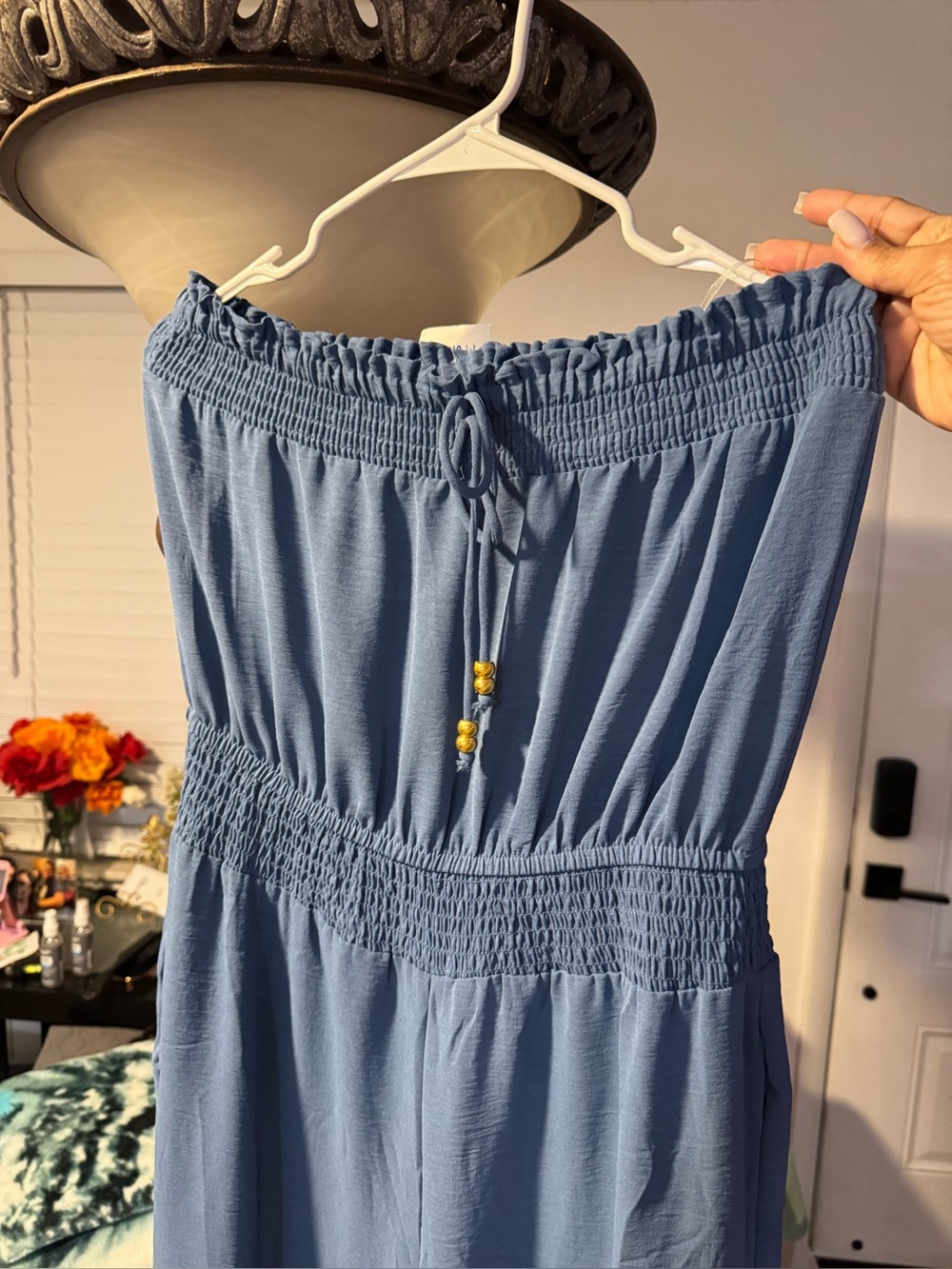 Smocked Strapless Girls' One-Piece Jumpsuit in Dusty Blue